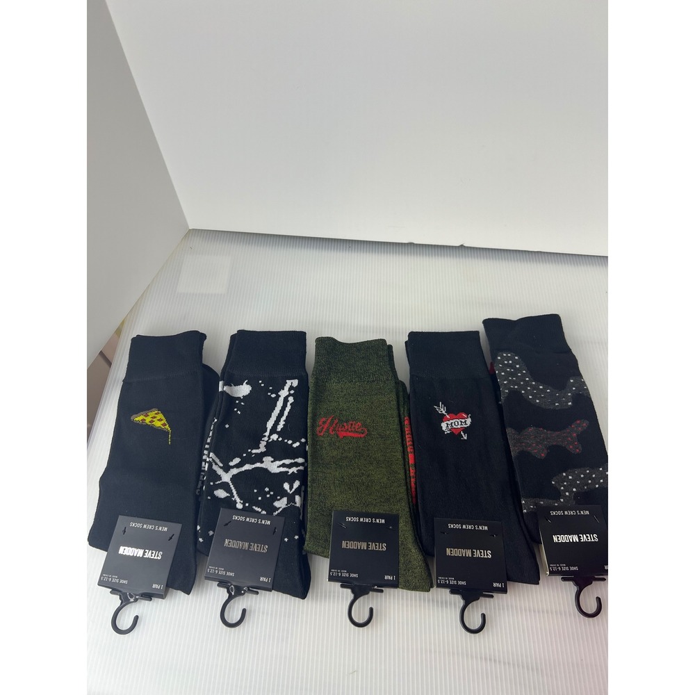 Steve Madden Mens Crew Socks 5 Pair Pizza Mom Camo Grunge Lot‎ Size 6-12.5